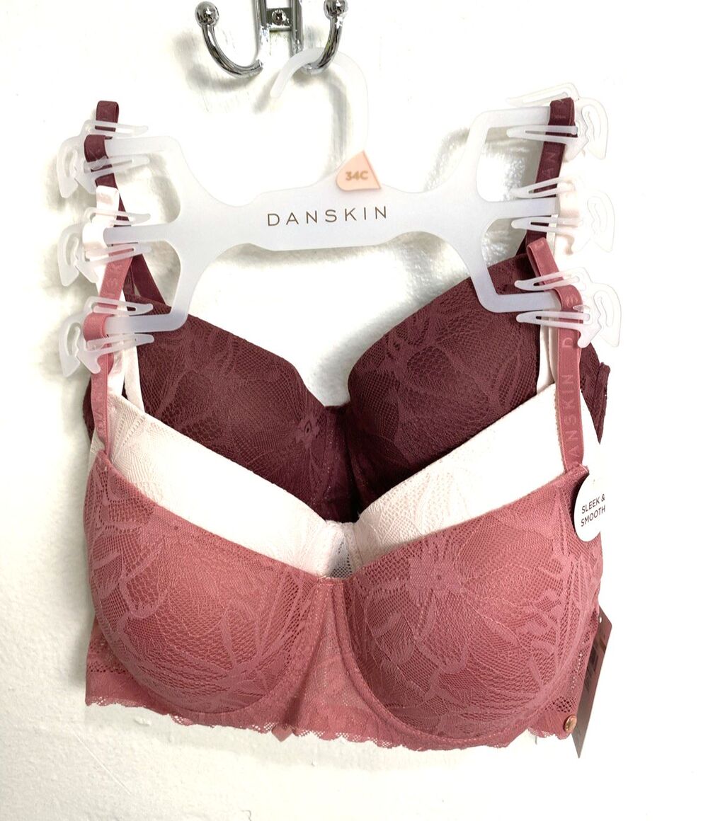 DANSKIN Intimates Bras Size 34C Underwire Lace 3 Pack Burgundy Beige Pink